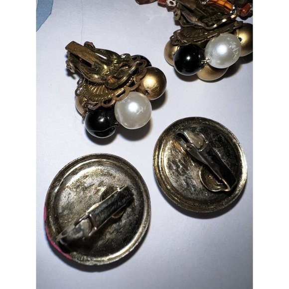 Vintage Bead Pearl Cluster Clip On Earrings 1" Estate Costume Jewelry button - Picture 5 of 8